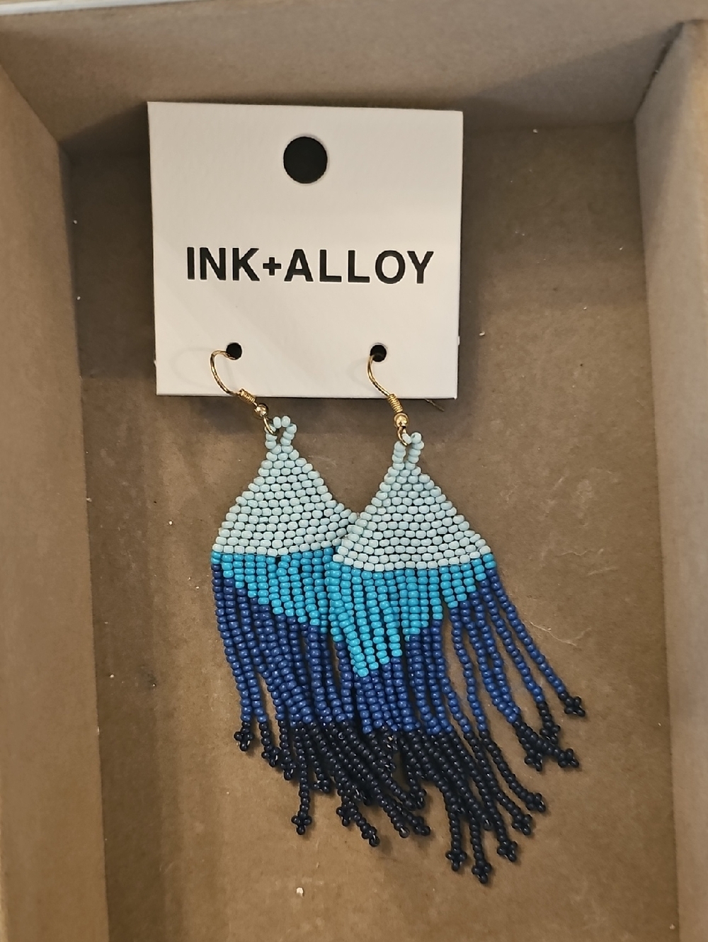 💜INK+ALLOY Beaded Fringe Earrings in Light Blue, Turquoise & Navy💜
